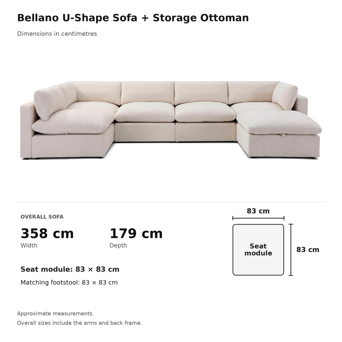 Bellano U-Shape Sofa + Storage Ottoman dimensions in centimetres — 83 × 83 cm seat modules