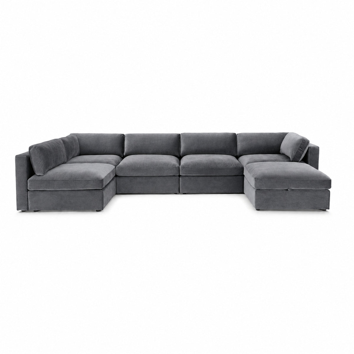 Bellano U-Shape Sofa + Storage Ottoman — Plush Velvet Smoked Steel — Box — Supportive memory foam