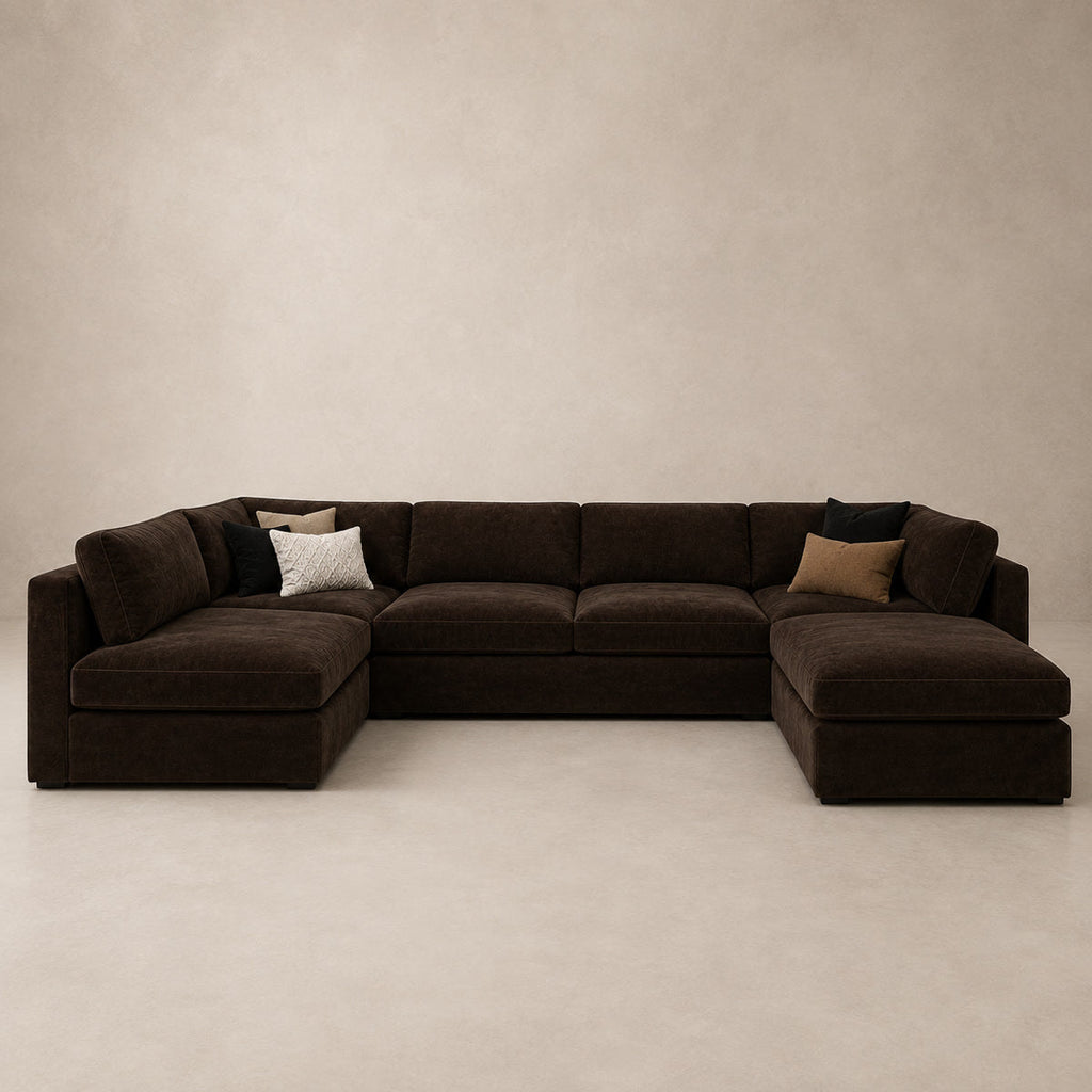 Bellano U-Shape Sofa + Storage Ottoman in Double Espresso Luxe Chenille