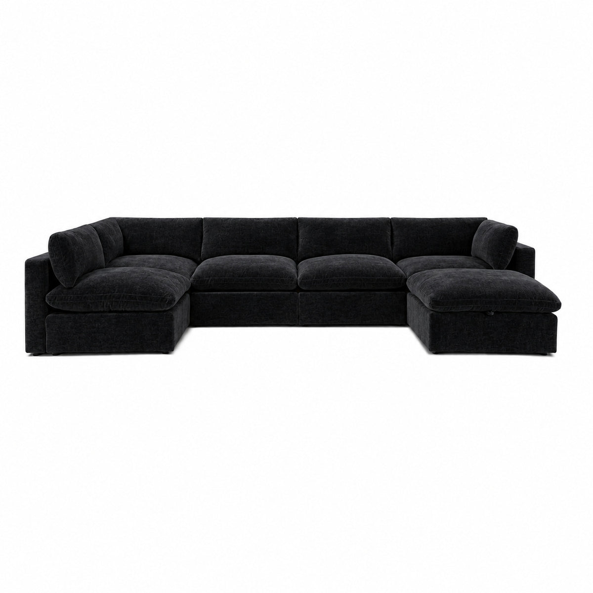 Bellano U-Shape Sofa + Storage Ottoman — Luxe Chenille Black Top — Pillow — Extra-soft fibre & feather