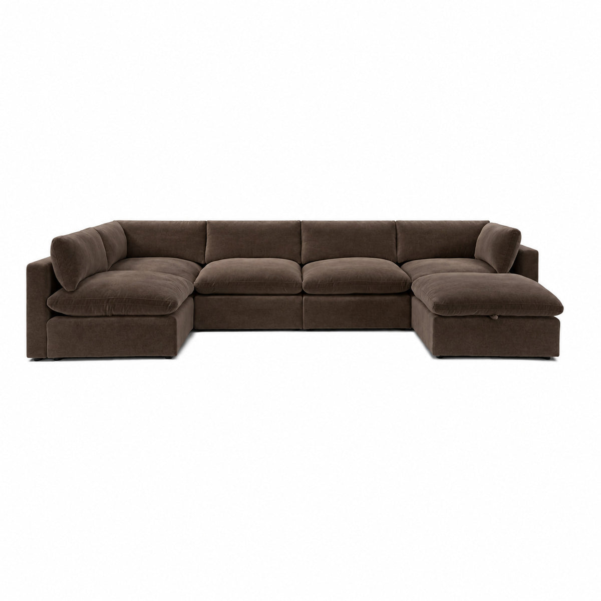 Bellano U-Shape Sofa + Storage Ottoman — Plush Velvet Espresso — Pillow — Extra-soft fibre & feather