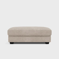 Beige upholstered footstool with soft cushion and dark wooden legs, modern living room furniture
