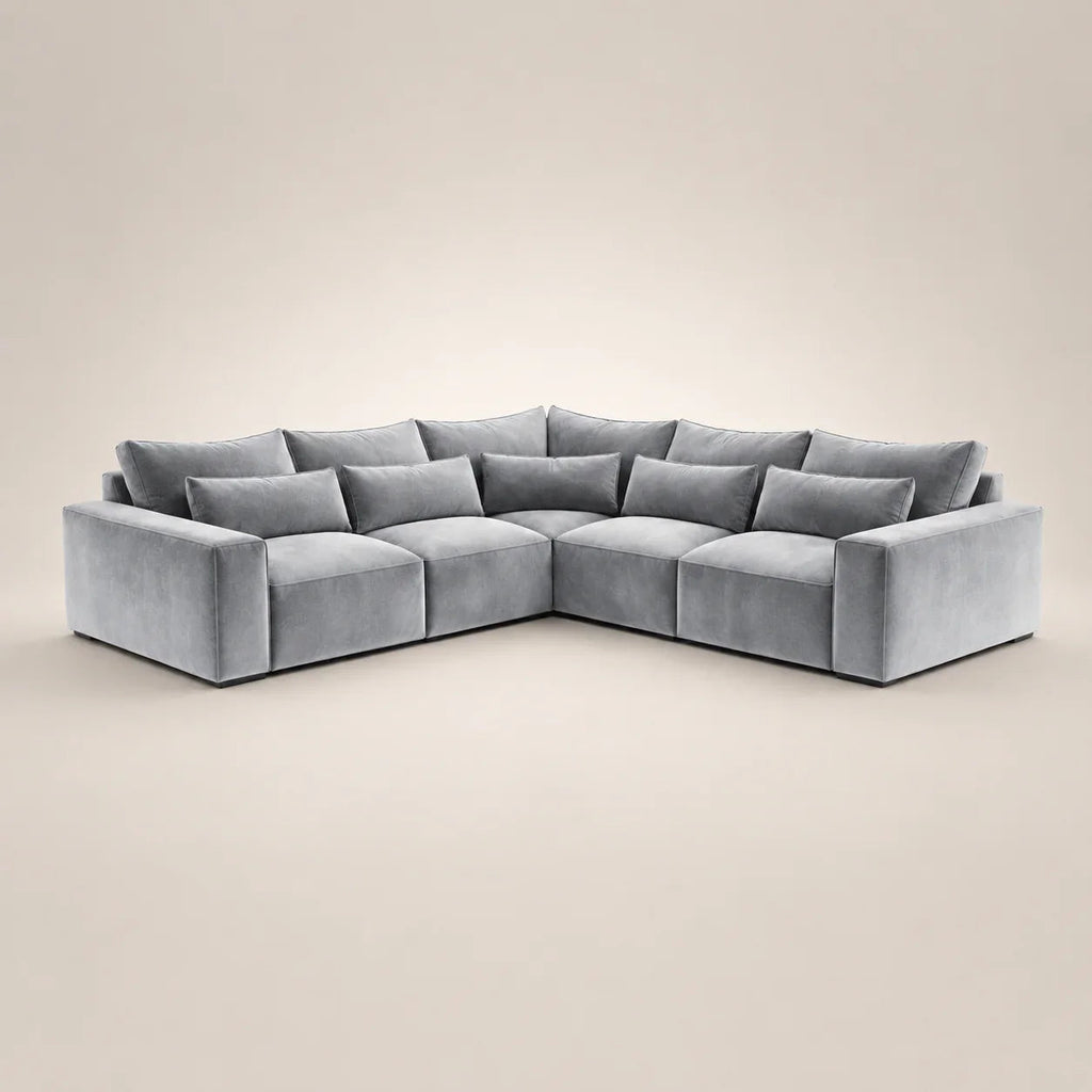 Luxury gray velvet corner sofa with plush cushions, modern sectional design for living room comfort