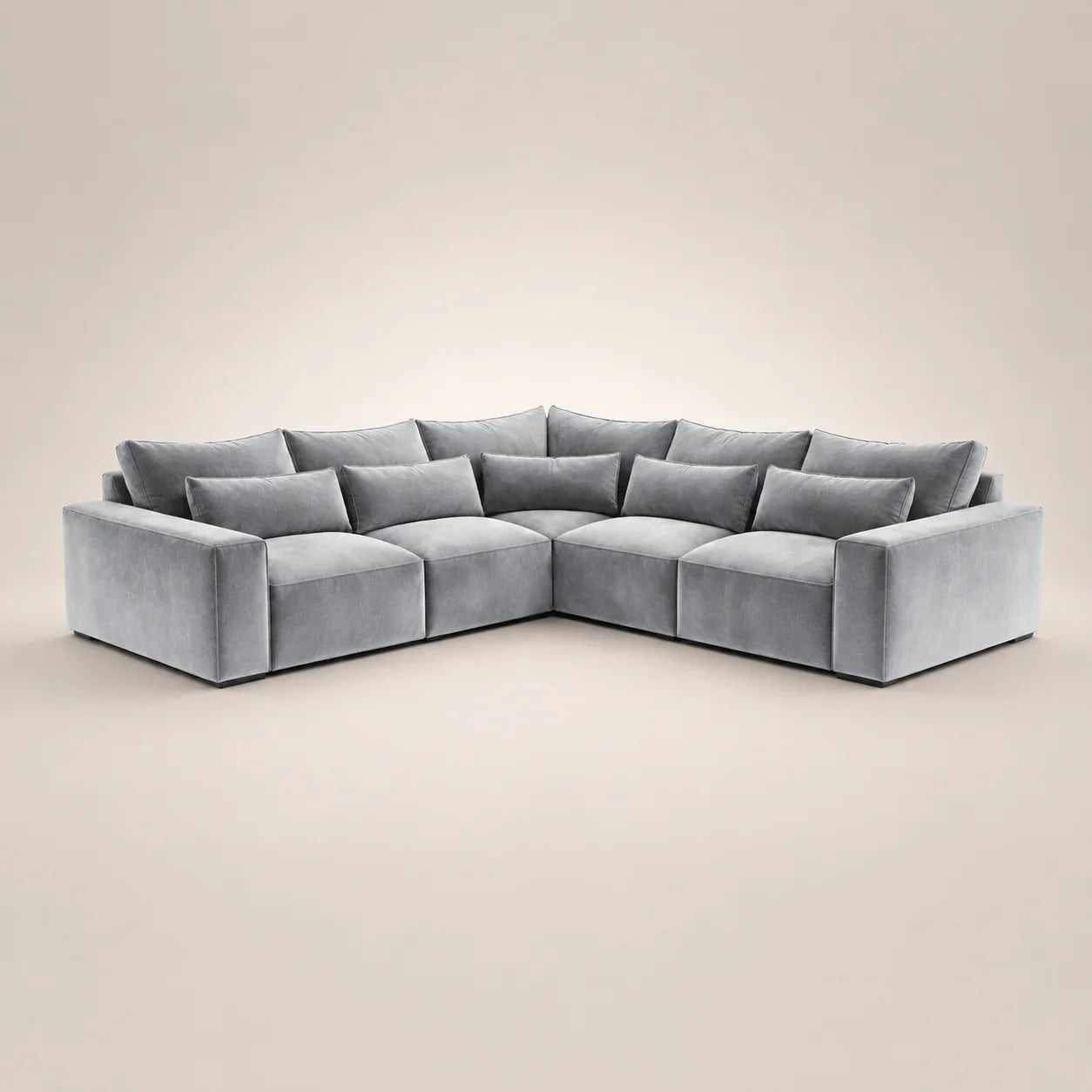 Luxury gray velvet corner sofa with plush cushions, modern sectional design for living room comfort