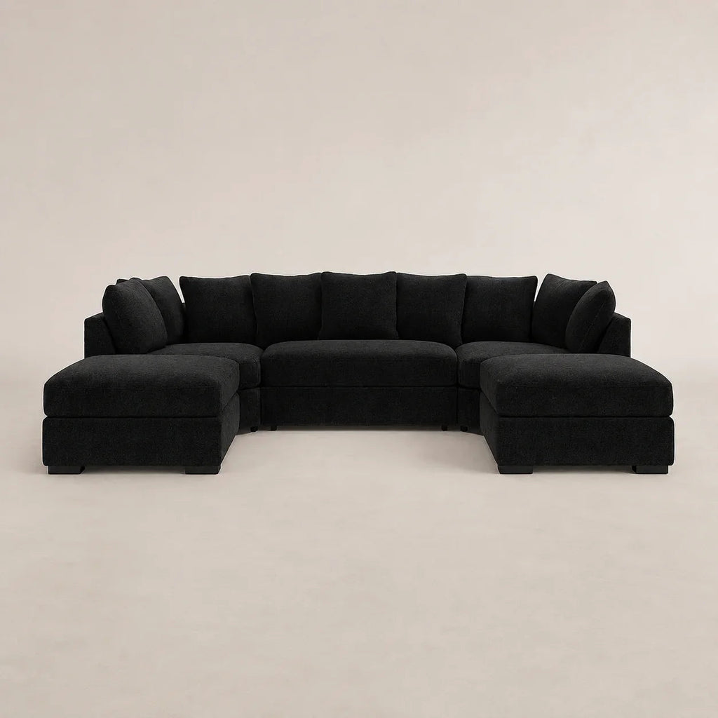 Black L-shaped sectional sofa with chaise lounges, modern luxury living room furniture