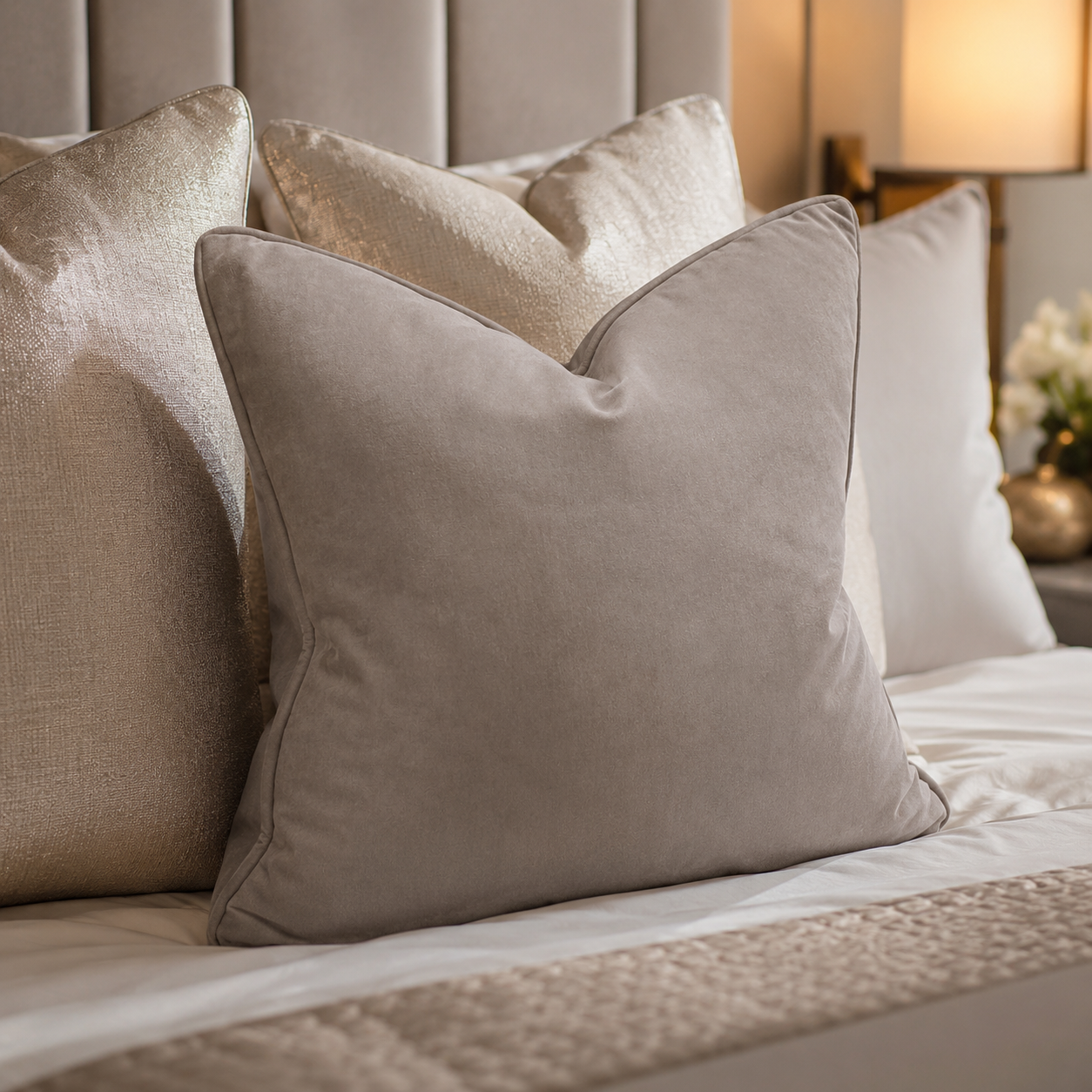 Luxury velvet and metallic accent pillows styled on a modern bed with tufted headboard
