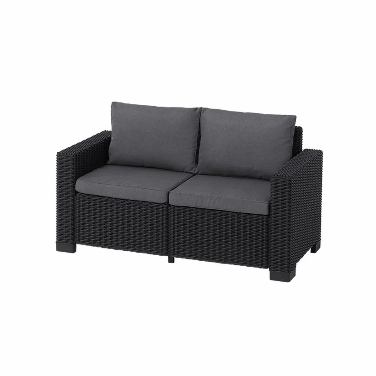Black wicker outdoor sofa with grey cushions, perfect for patio or garden seating