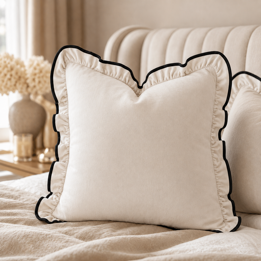 Cream velvet pillow with black ruffled trim on luxury bed, elegant bedroom decor