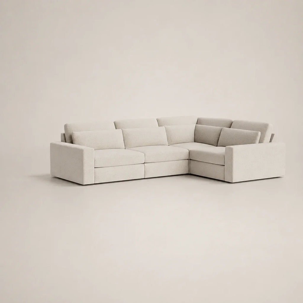 Modern L-shaped sectional sofa in neutral fabric, perfect for luxury living room furniture