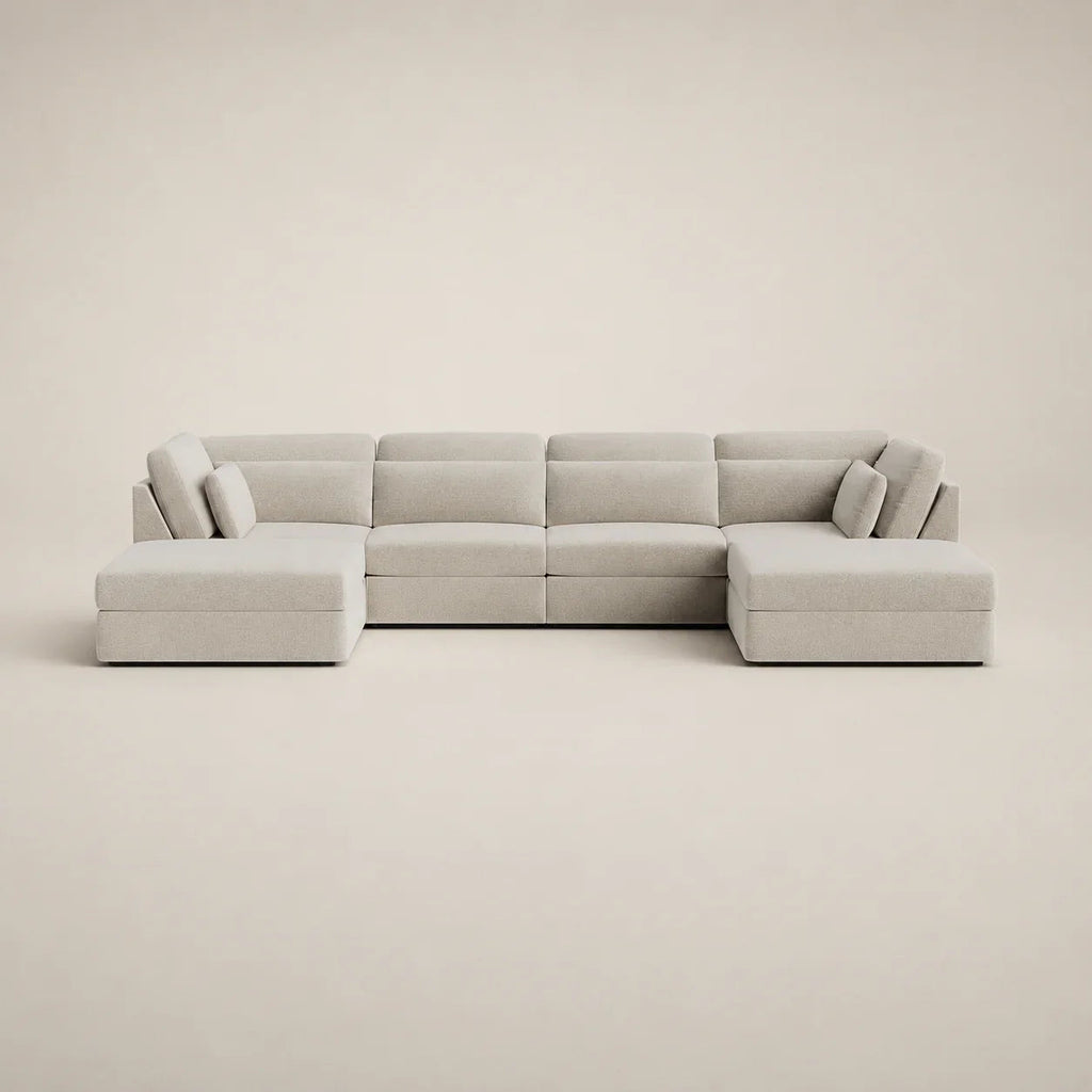 Modern light grey sectional sofa with chaise lounges, ideal for luxury living room furniture
