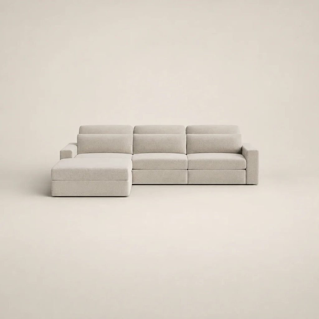 Modern light grey sectional sofa with chaise lounge, minimalist design for luxury living rooms