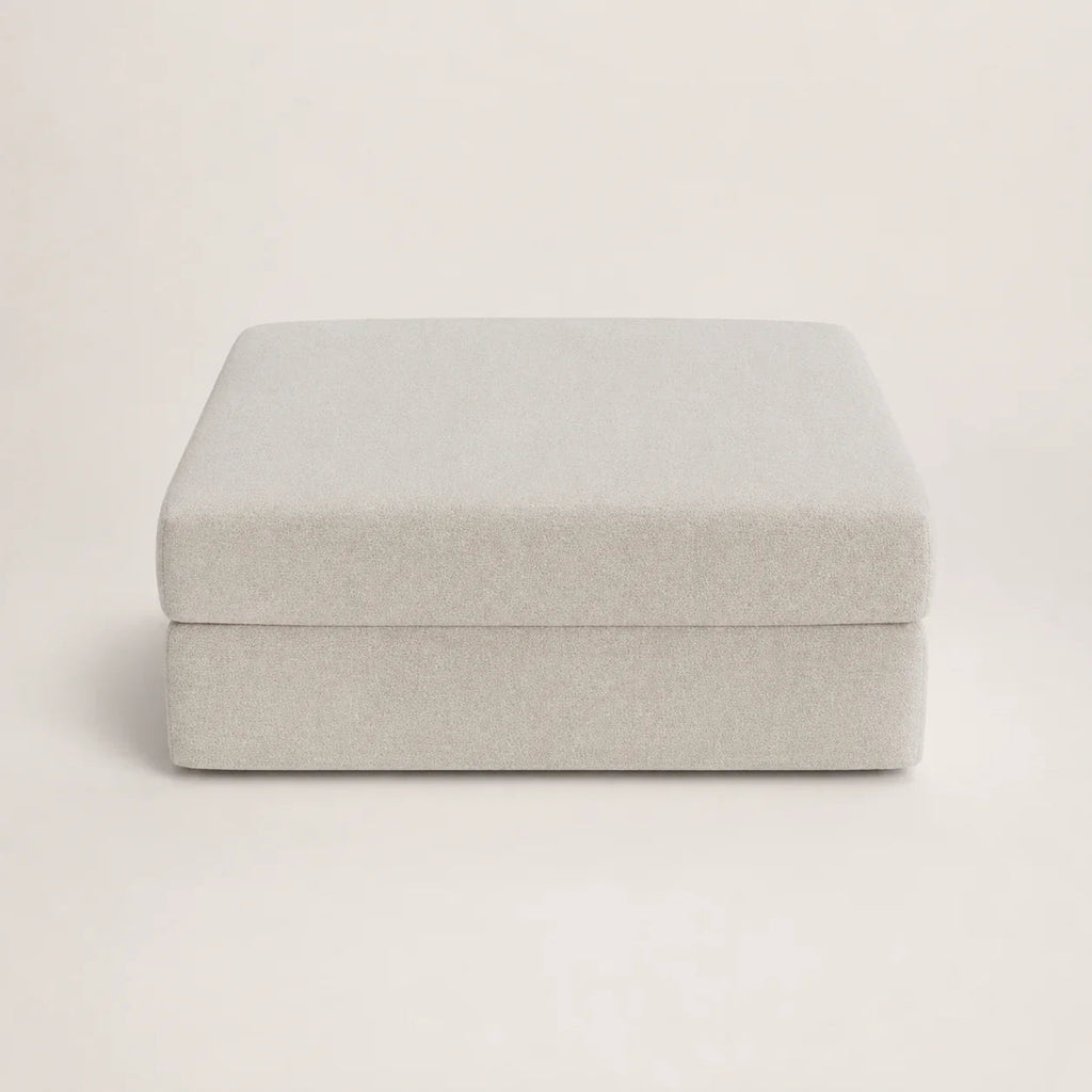 Light gray upholstered ottoman for living room or bedroom, modern minimalist design