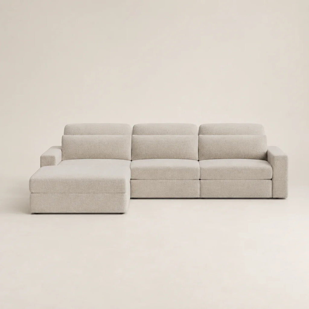 Modern beige sectional sofa with chaise lounge, luxury living room furniture