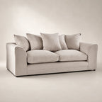 Luxury beige velvet sofa with plush cushions, ideal for modern living rooms