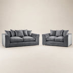 Grey velvet sofa set with plush cushions, luxury living room furniture