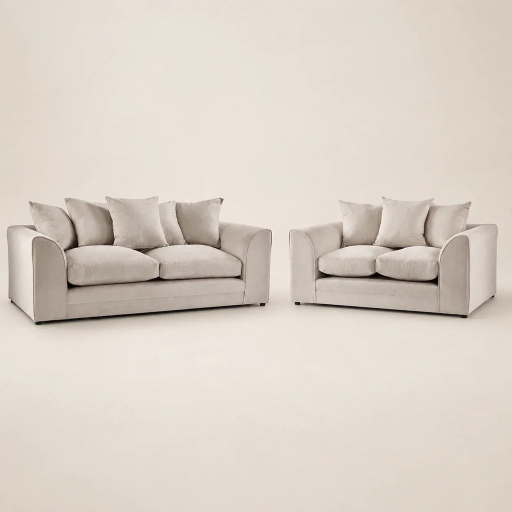 Luxury beige velvet sofa set with matching loveseat, plush cushions, modern design for UK living rooms