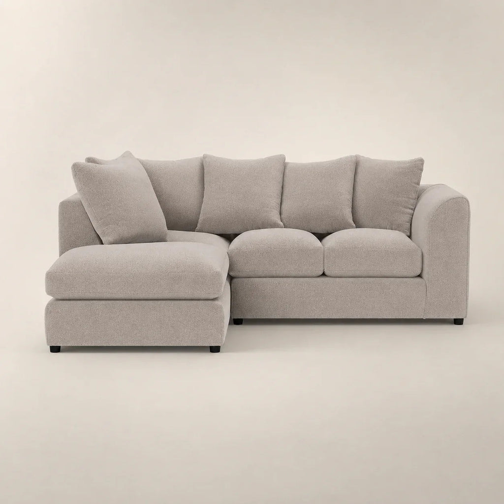 Luxury grey sectional sofa with chaise lounge, plush cushions, modern design for living room comfort
