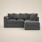 Grey fabric sectional sofa with chaise lounge and plush cushions, modern luxury living room furniture