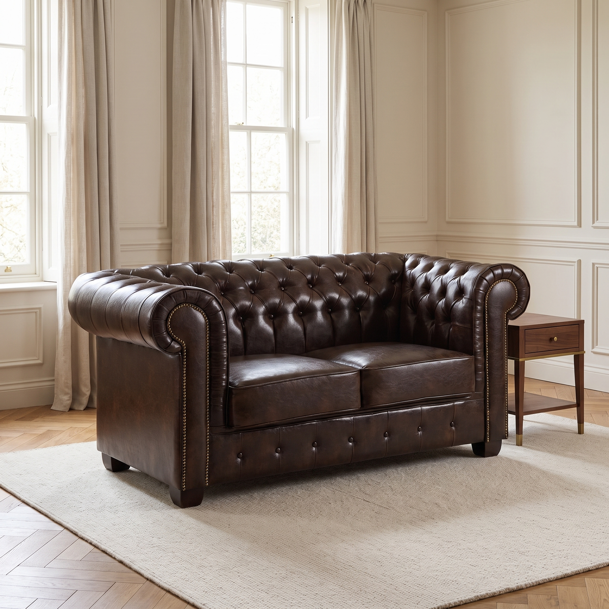 Chesterfield Leather 2 Seater - Antique Brown — lifestyle room hero