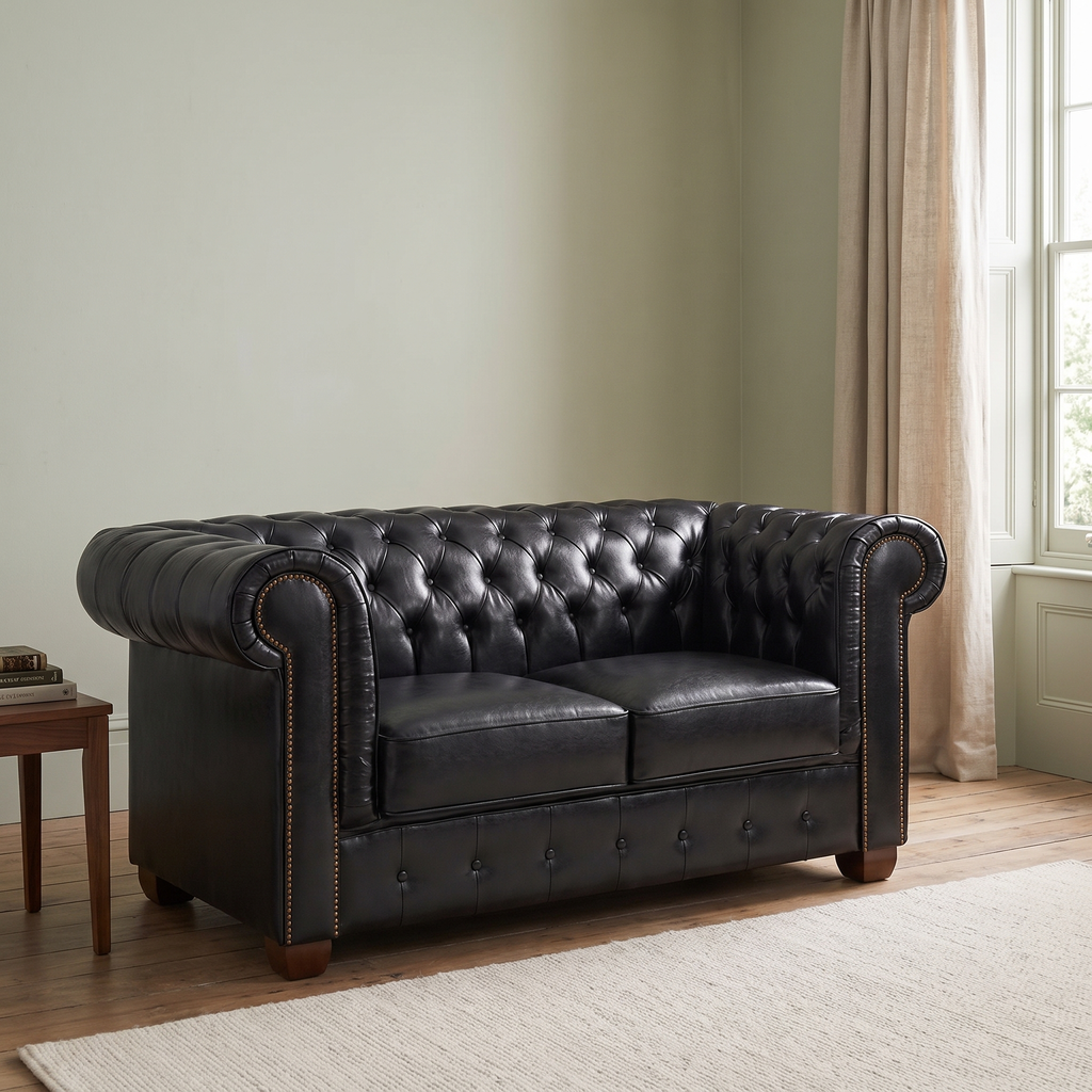 Chesterfield Leather 2 Seater - Black — lifestyle room hero