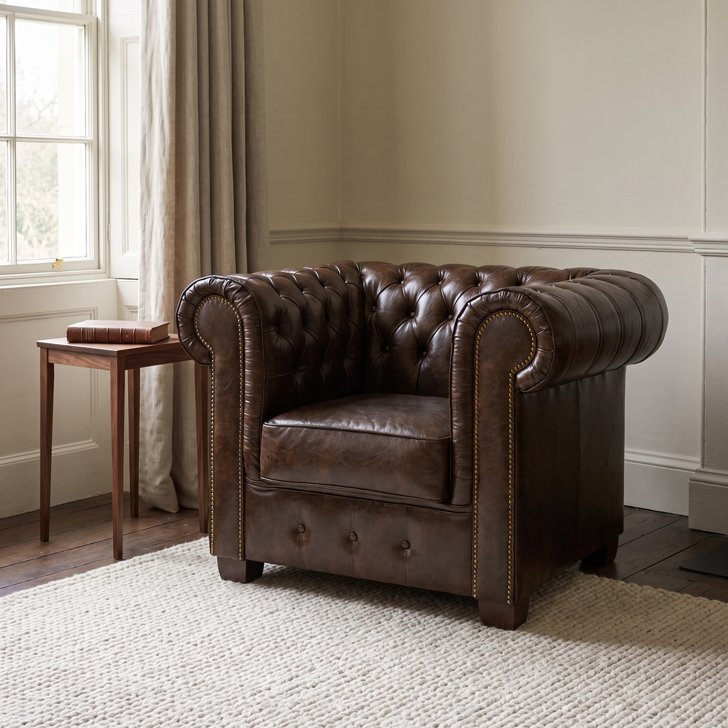 Chesterfield Leather Armchair - Antique Brown — lifestyle room hero