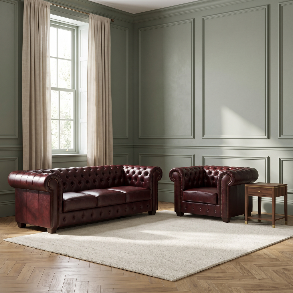 Chesterfield Leather Sofa Set - Oxblood — lifestyle room hero