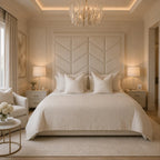 Luxury bedroom with beige upholstered bed, chevron headboard, and modern chandelier