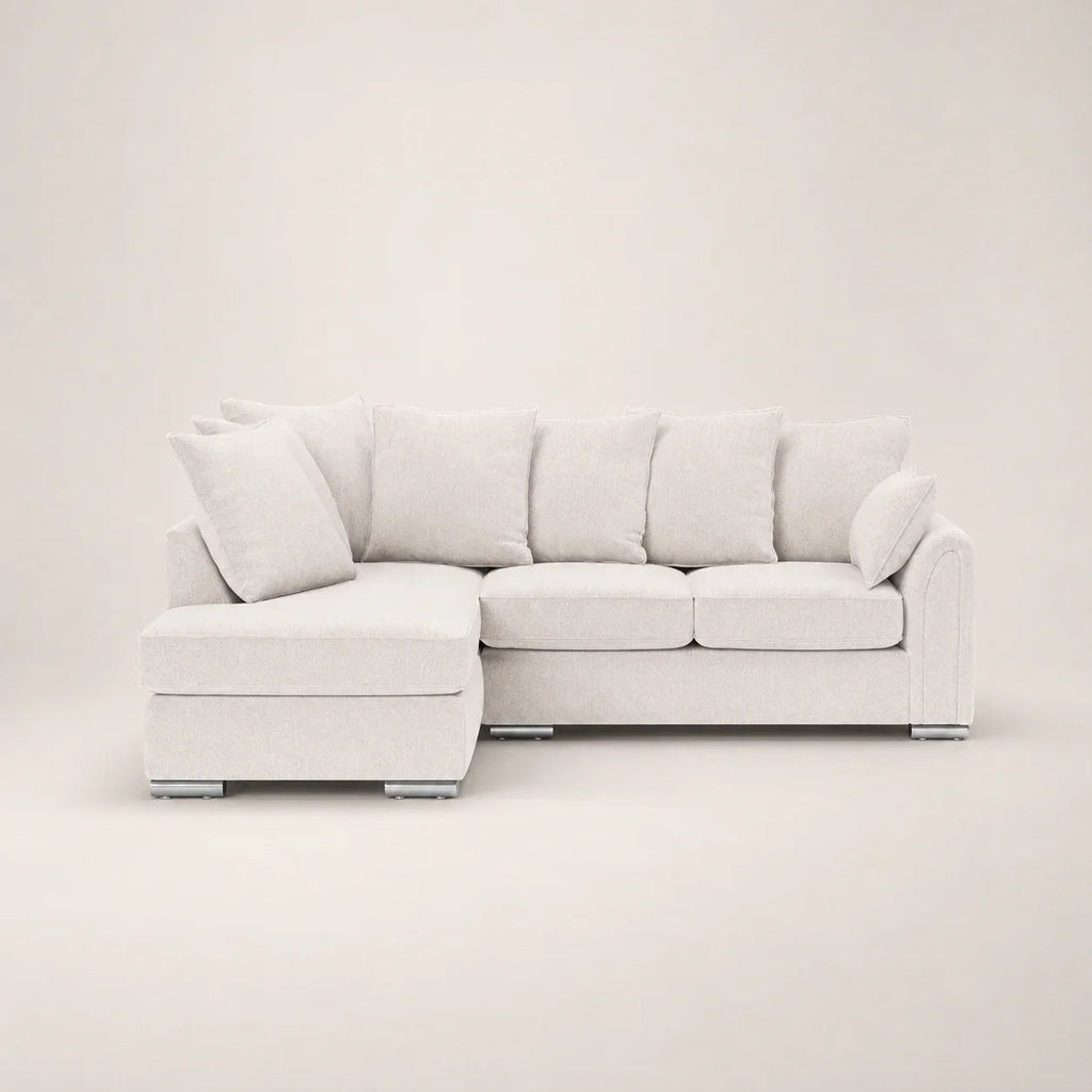 Luxury beige sectional sofa with chaise lounge and plush cushions, modern living room furniture