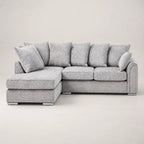 Luxury grey fabric corner sofa with chaise and plush cushions, modern living room furniture