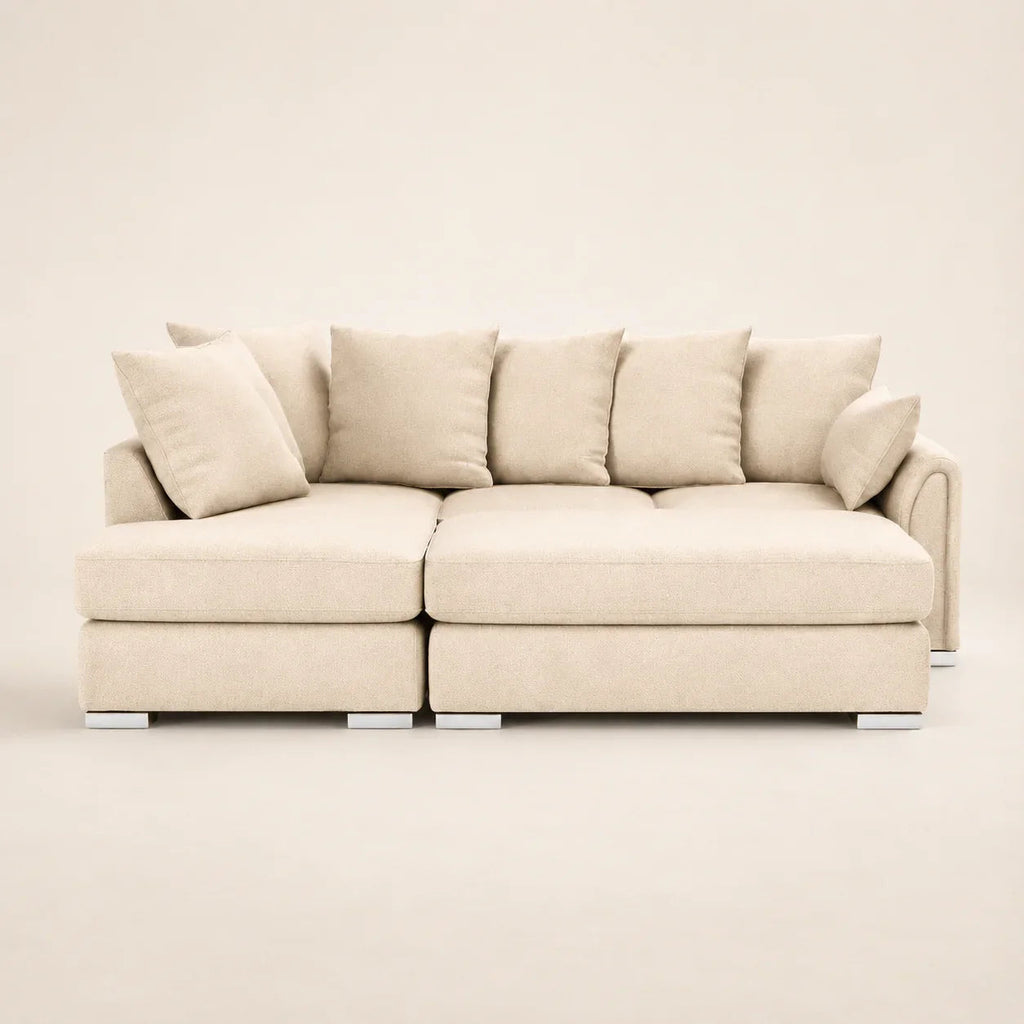 Beige luxury sofa with plush cushions and modern design, ideal for contemporary living rooms