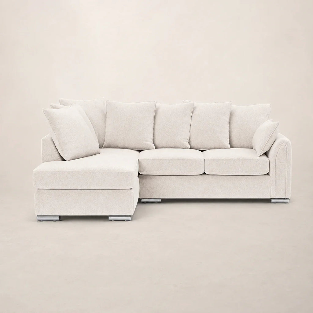 Luxury beige sectional sofa with chaise lounge and plush cushions, modern living room furniture