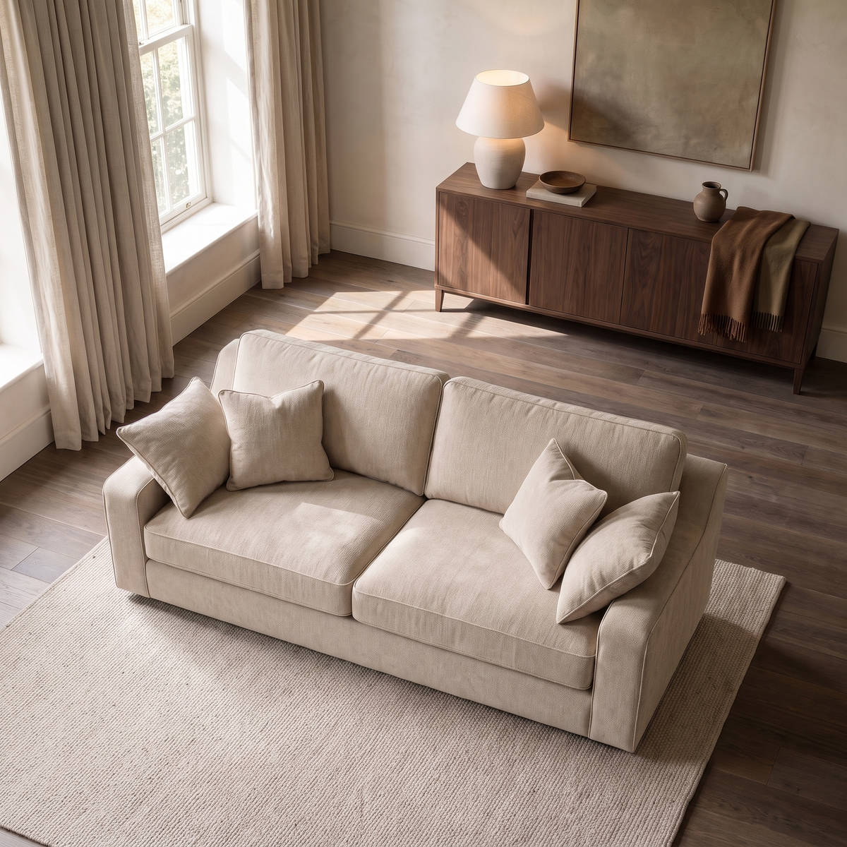 Alderley 3 Seater Sofa — elevated camera view in a warm stone and walnut living room