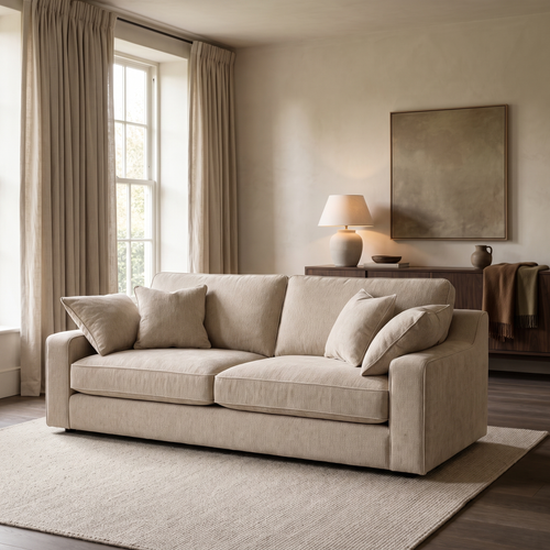 Alderley 3 Seater Sofa in an aspirational warm stone and walnut living room, natural daylight and realistic fabric texture
