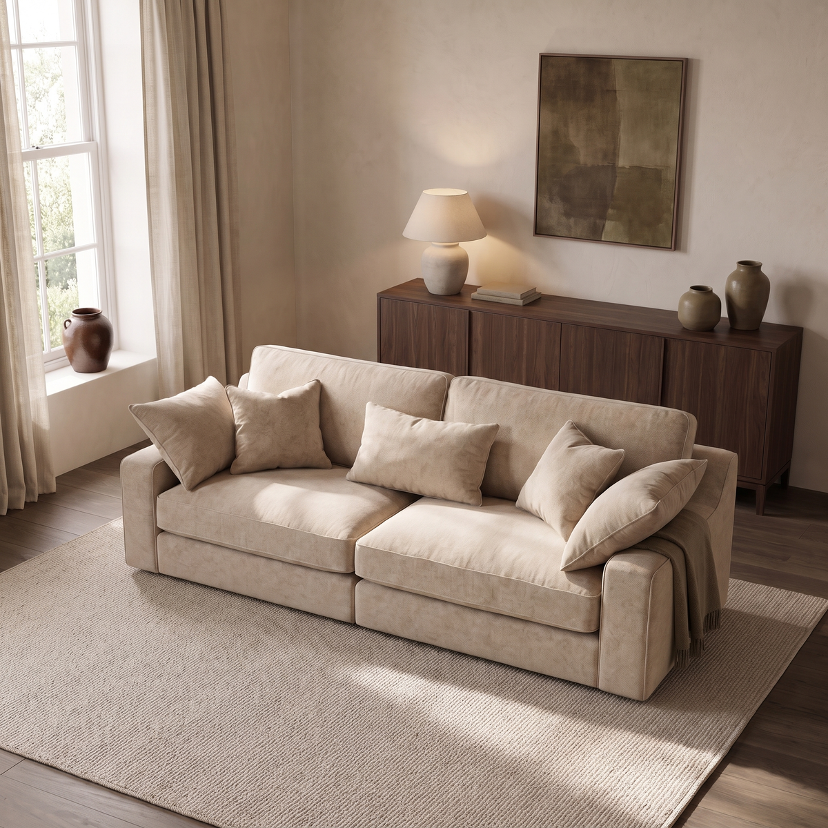 Alderley 4 Seater Split Sofa — elevated camera view in a warm stone and walnut living room
