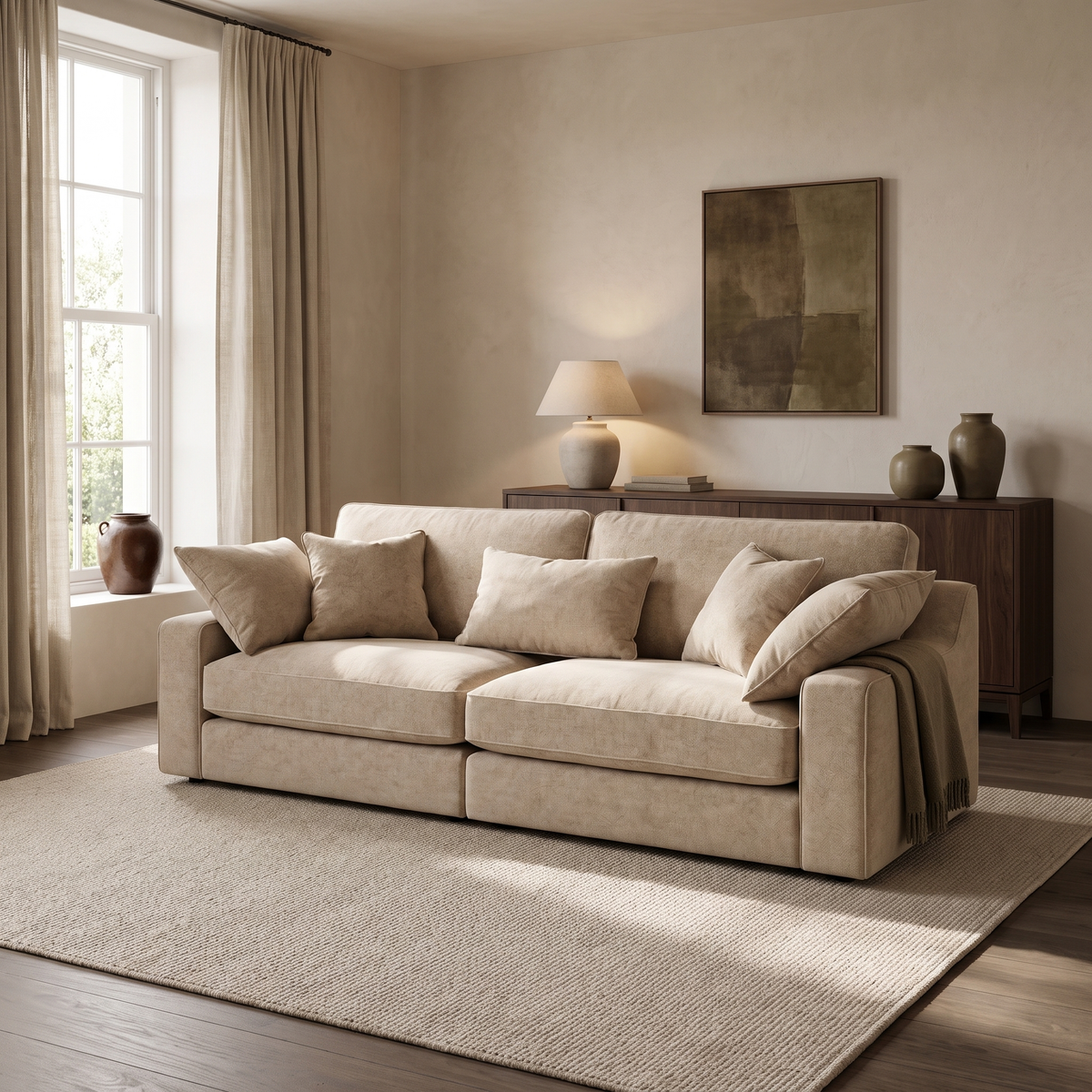 Alderley 4 Seater Split Sofa in an aspirational warm stone and walnut living room, natural daylight and realistic fabric texture