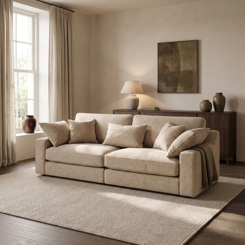 Alderley 4 Seater Split Sofa in an aspirational warm stone and walnut living room, natural daylight and realistic fabric texture