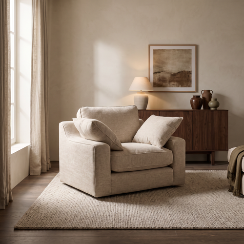 Alderley Armchair in an aspirational warm stone and walnut living room, natural daylight and realistic fabric texture