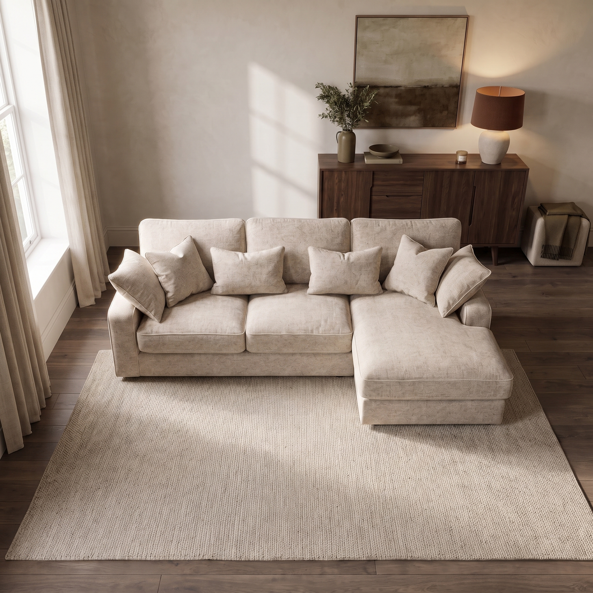 Alderley Compact Chaise Sofa — elevated camera view in a warm stone and walnut living room