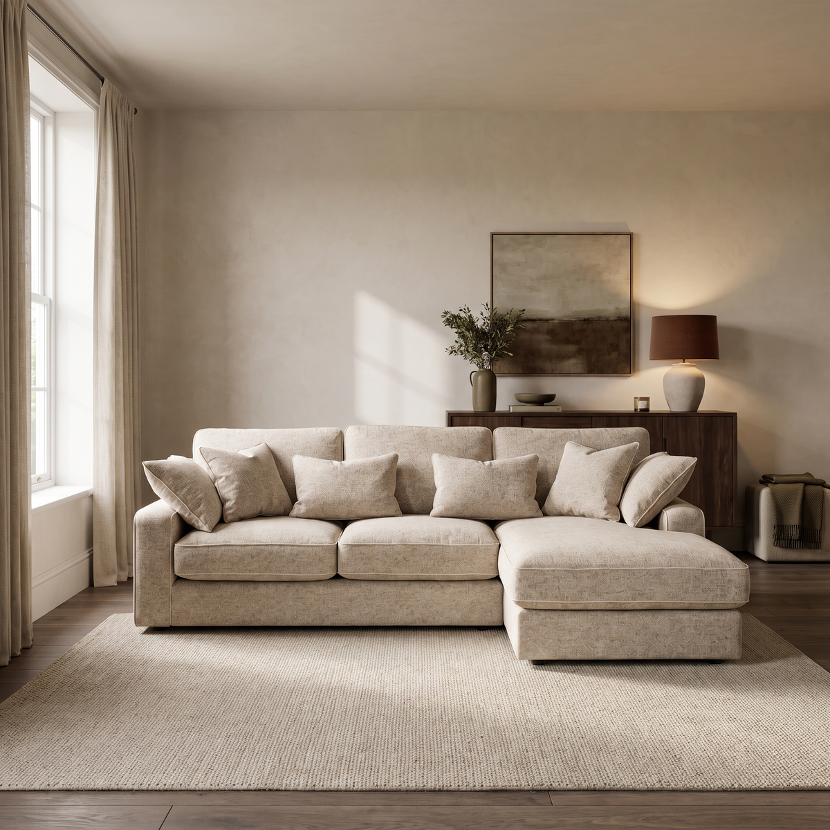 Alderley Compact Chaise Sofa in an aspirational warm stone and walnut living room, natural daylight and realistic fabric texture