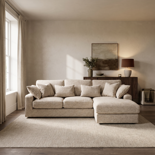 Alderley Compact Chaise Sofa in an aspirational warm stone and walnut living room, natural daylight and realistic fabric texture