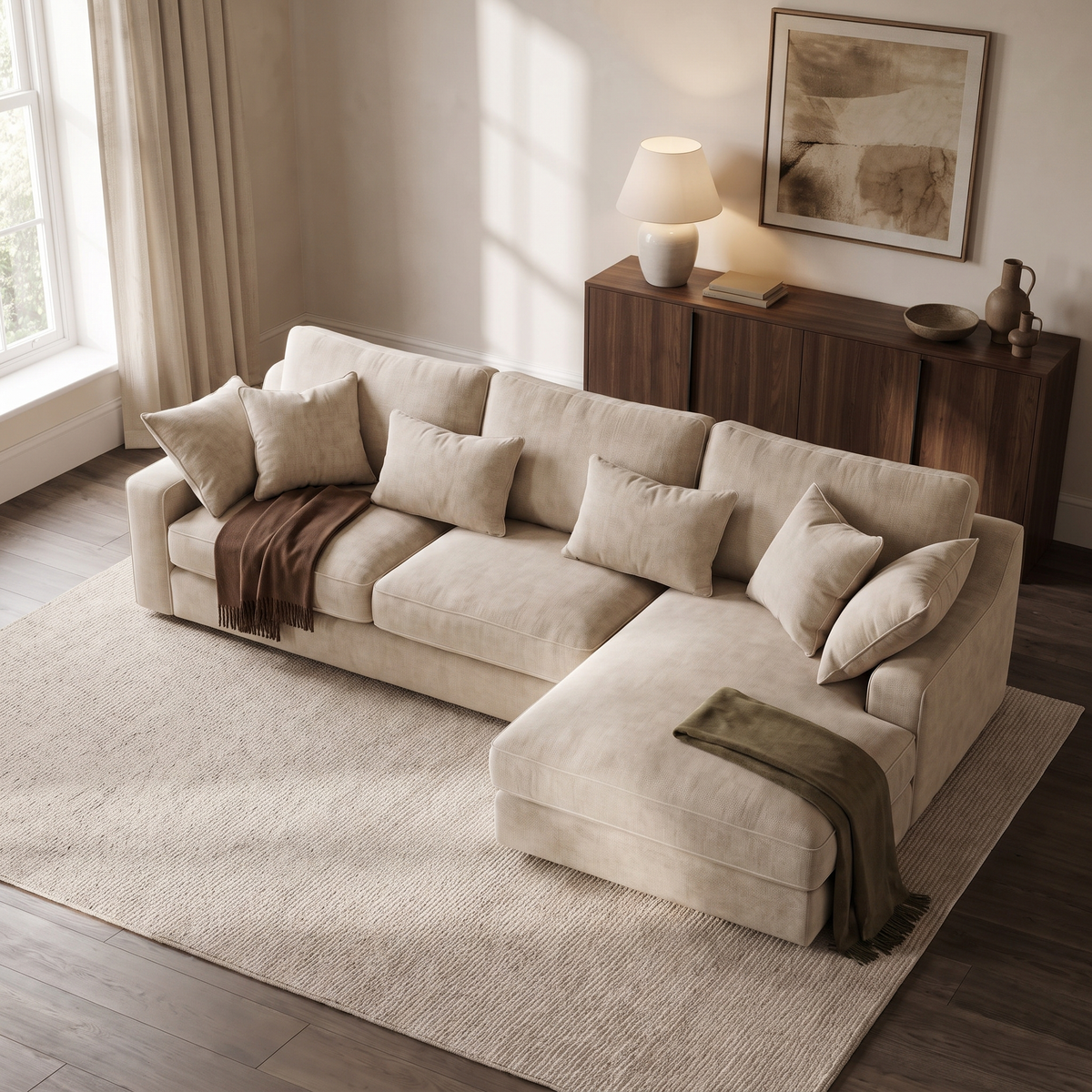 Alderley Large Chaise Sofa — elevated camera view in a warm stone and walnut living room