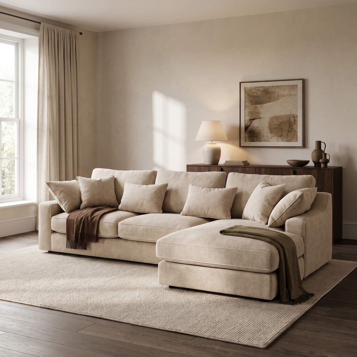 Alderley Large Chaise Sofa in an aspirational warm stone and walnut living room, natural daylight and realistic fabric texture