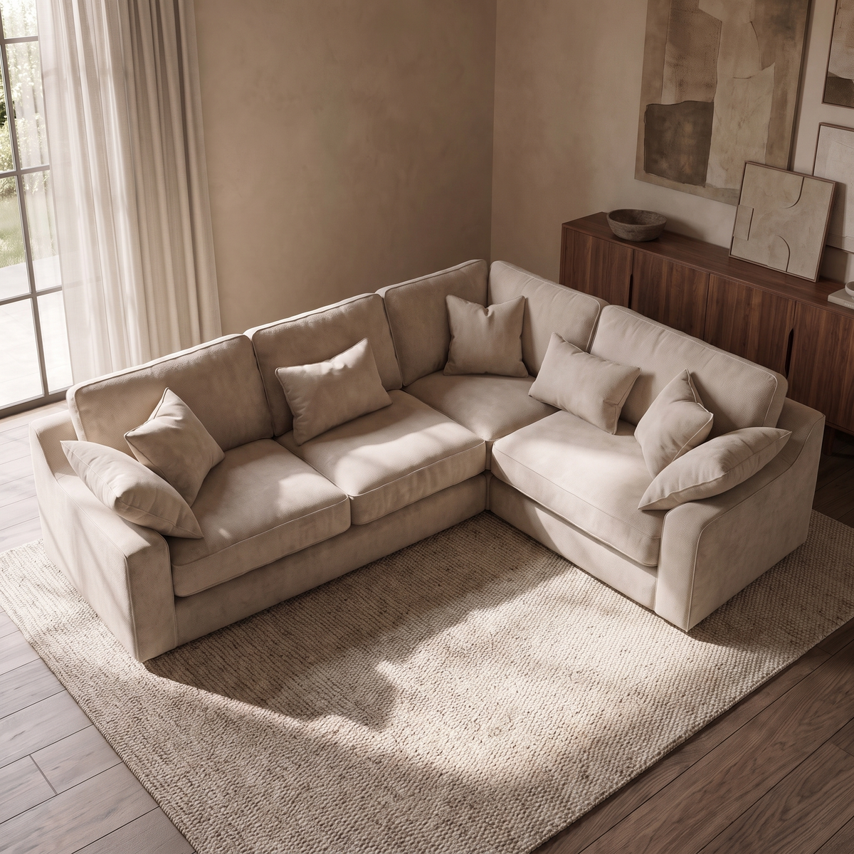 Alderley Large Corner Sofa — elevated camera view in a warm stone and walnut living room