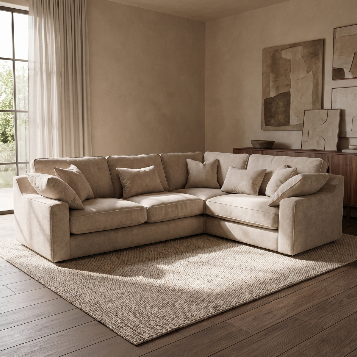 Alderley Large Corner Sofa — main lifestyle view in a warm stone and walnut living room