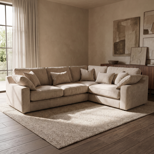 Alderley Large Corner Sofa — main lifestyle view in a warm stone and walnut living room