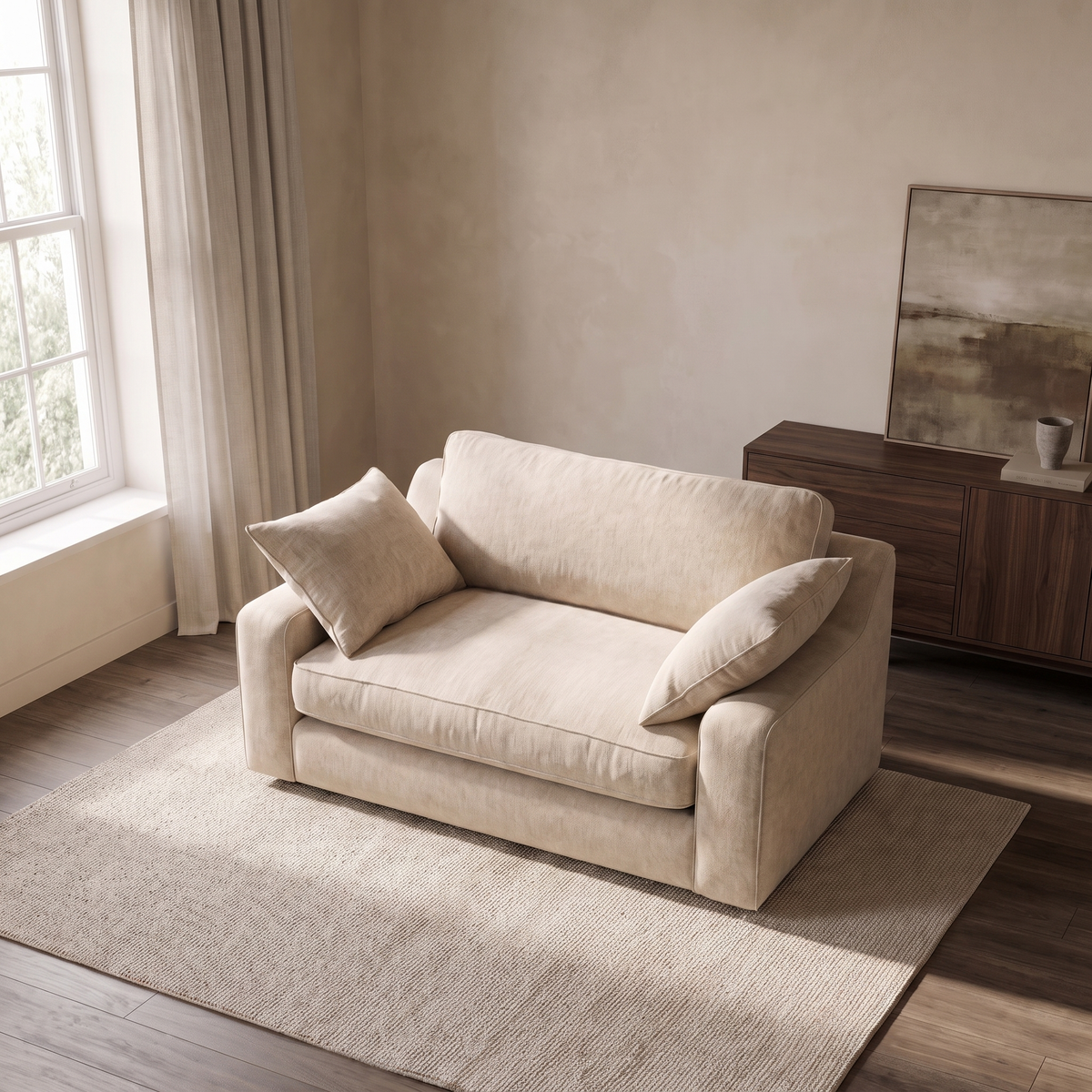 Alderley Snuggler Love Seat — elevated camera view in a warm stone and walnut living room
