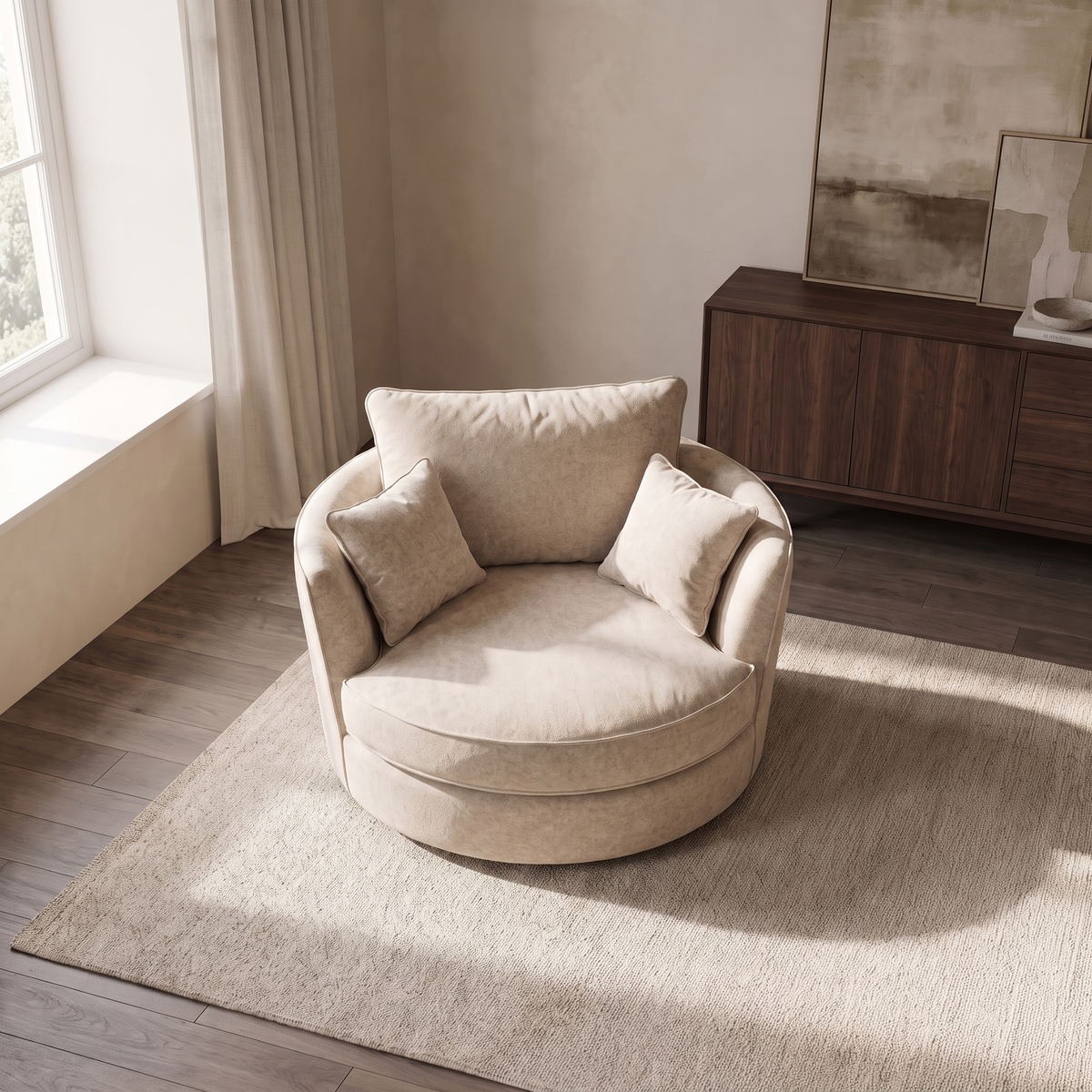 Alderley Swivel Cuddle Chair — elevated camera view in a warm stone and walnut living room