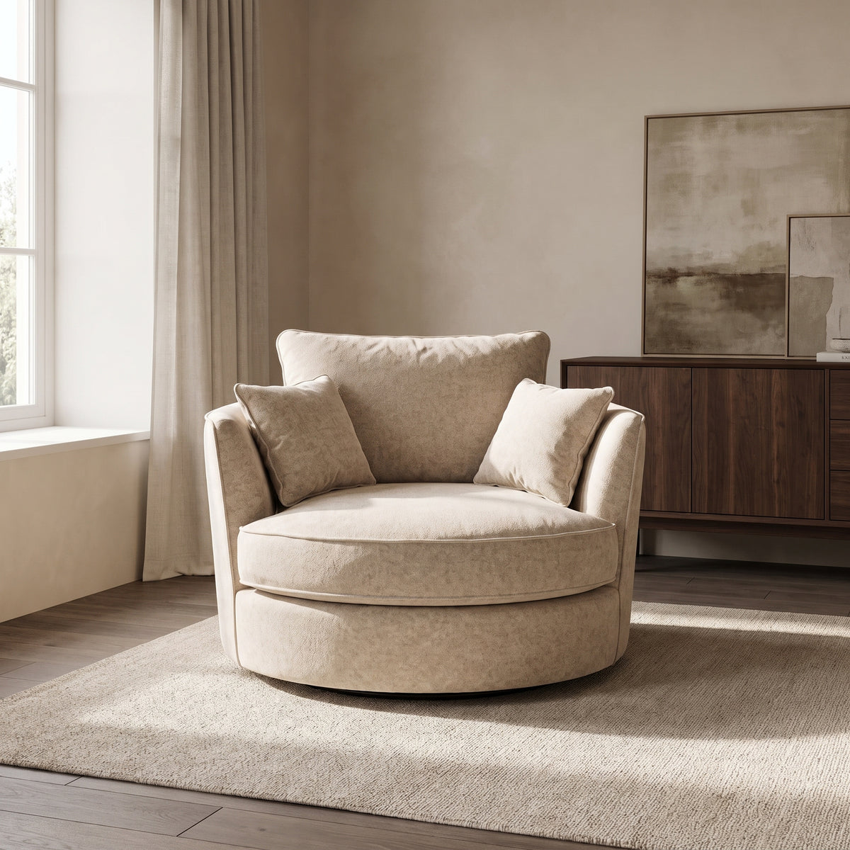 Alderley Swivel Cuddle Chair — main lifestyle view in a warm stone and walnut living room