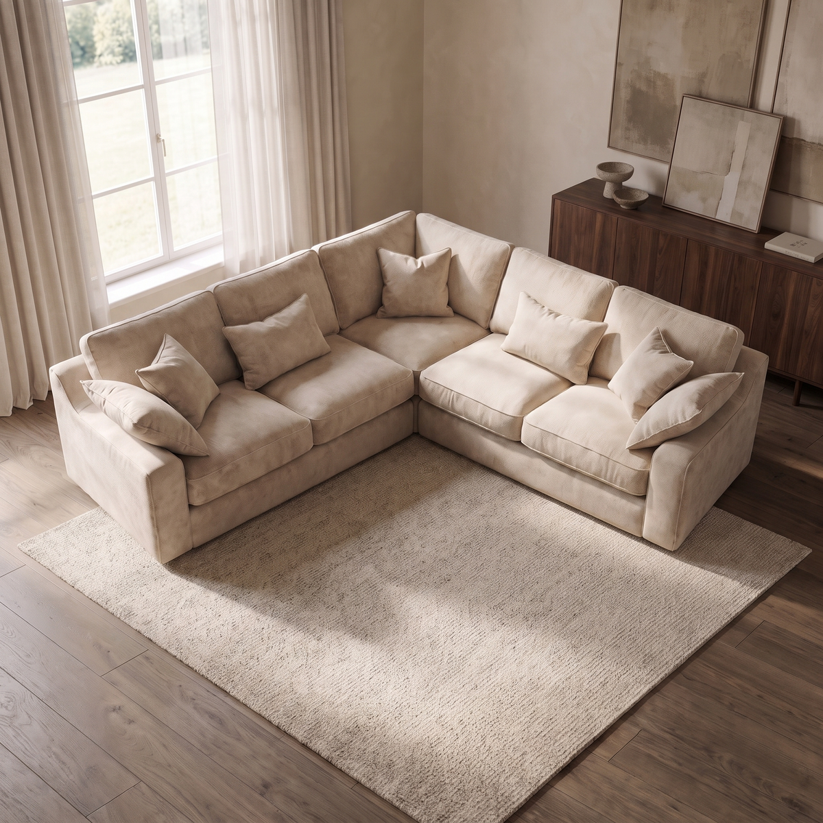 Alderley XL Corner Sofa — elevated camera view in a warm stone and walnut living room