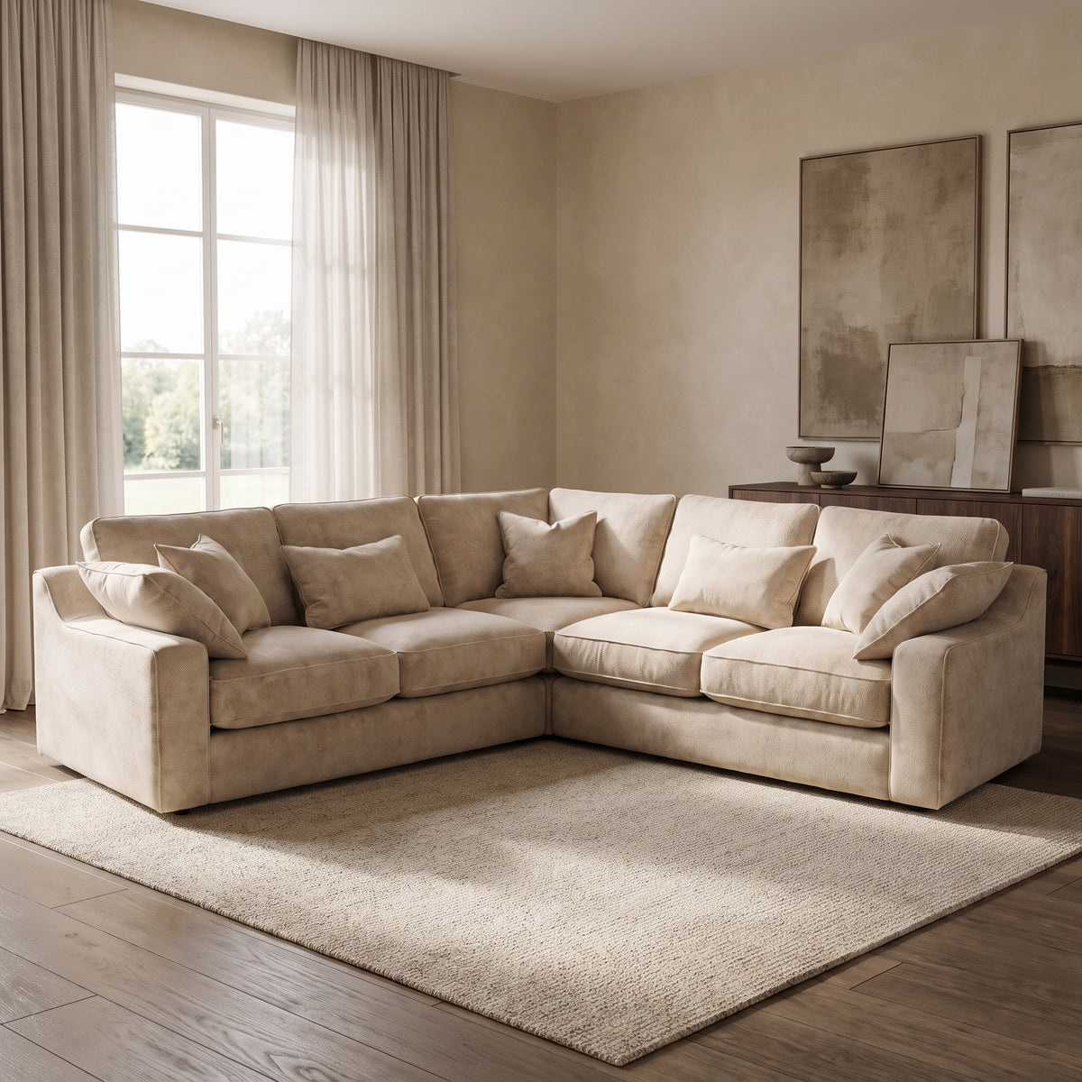 Alderley XL Corner Sofa — main lifestyle view in a warm stone and walnut living room